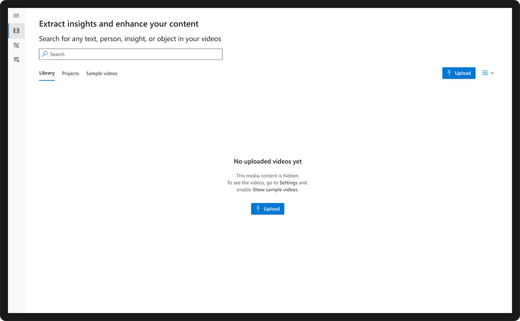 Screenshot of Azure AI Video Indexer's Library page, with no uploaded videos yet and an call to action to upload a video.