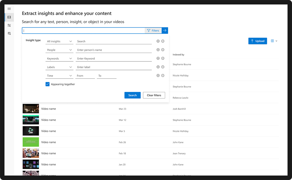 Screenshot of an open search section with a search field and insight selection options